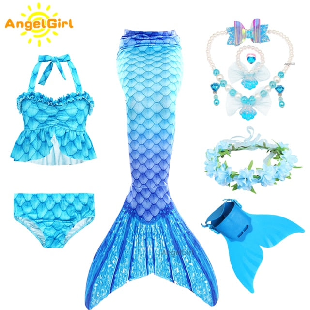 AngelGirl 2021 Girls Swimmable Mermaid Tail Princess Dress with Monofin Kids Holiday Mermaid Costume Cosplay Swimsuit Birthday