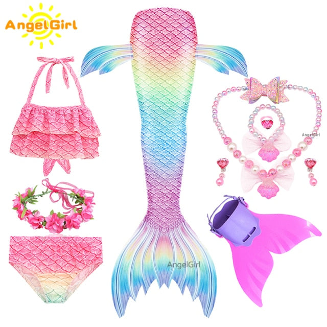 AngelGirl 2021 Girls Swimmable Mermaid Tail Princess Dress with Monofin Kids Holiday Mermaid Costume Cosplay Swimsuit Birthday
