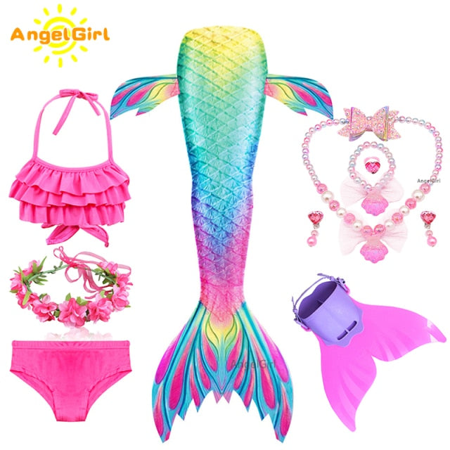 AngelGirl 2021 Girls Swimmable Mermaid Tail Princess Dress with Monofin Kids Holiday Mermaid Costume Cosplay Swimsuit Birthday
