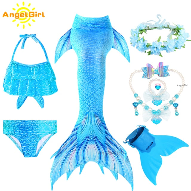 AngelGirl 2021 Girls Swimmable Mermaid Tail Princess Dress with Monofin Kids Holiday Mermaid Costume Cosplay Swimsuit Birthday
