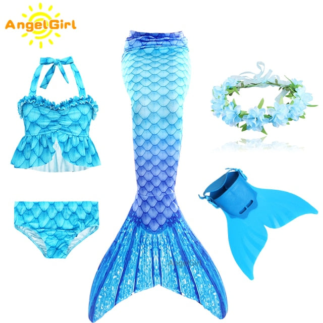 AngelGirl 2021 Girls Swimmable Mermaid Tail Princess Dress with Monofin Kids Holiday Mermaid Costume Cosplay Swimsuit Birthday