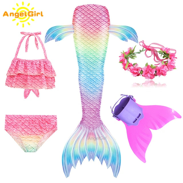 AngelGirl 2021 Girls Swimmable Mermaid Tail Princess Dress with Monofin Kids Holiday Mermaid Costume Cosplay Swimsuit Birthday