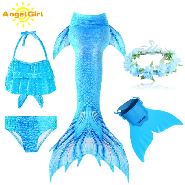 AngelGirl 2021 Girls Swimmable Mermaid Tail Princess Dress with Monofin Kids Holiday Mermaid Costume Cosplay Swimsuit Birthday