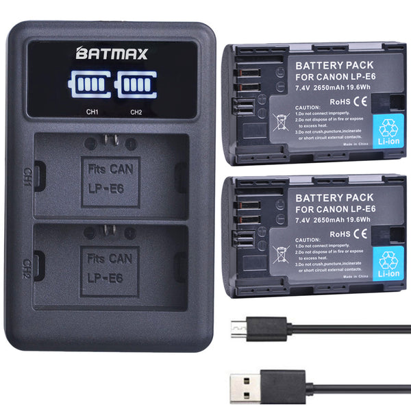 2X 2650mAh LP E6 LPE6 LP-E6 E6N Battery + LED Dual Charger For Canon EOS 5DS R 5D Mark II 5D Mark III 6D 7D 70D 80D Camera