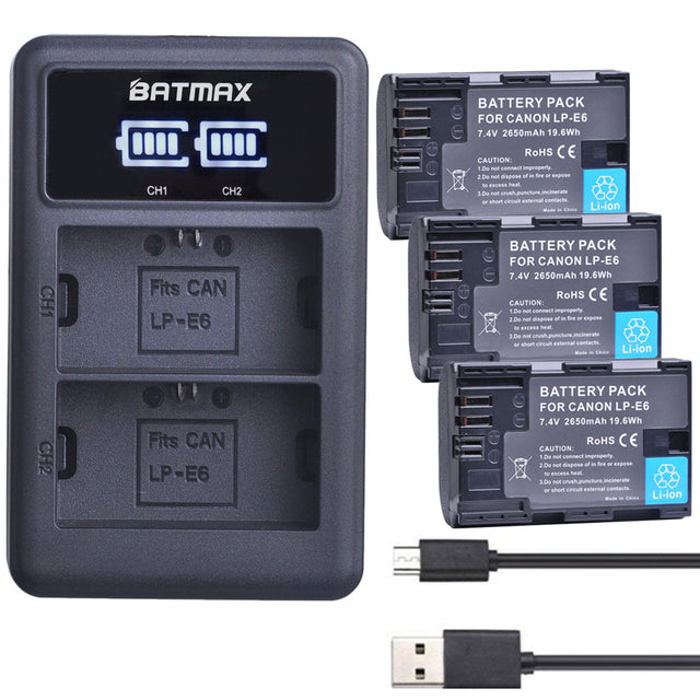 2X 2650mAh LP E6 LPE6 LP-E6 E6N Battery + LED Dual Charger For Canon EOS 5DS R 5D Mark II 5D Mark III 6D 7D 70D 80D Camera