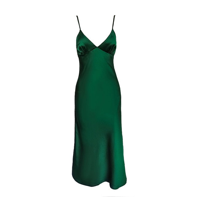 2021 Women Satin Deep V Neck Sexy Dress Solid Straight Pajamas Party Dress Elegant Female Summer Spaghetti Strap Dress Casual