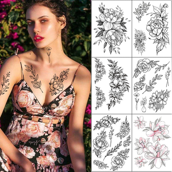 Rose Peony Flower Girls Temporary Tattoos For Women Waterproof Black Tattoo Stickers 3D Blossom Lady Shoulder DIY Tatoos