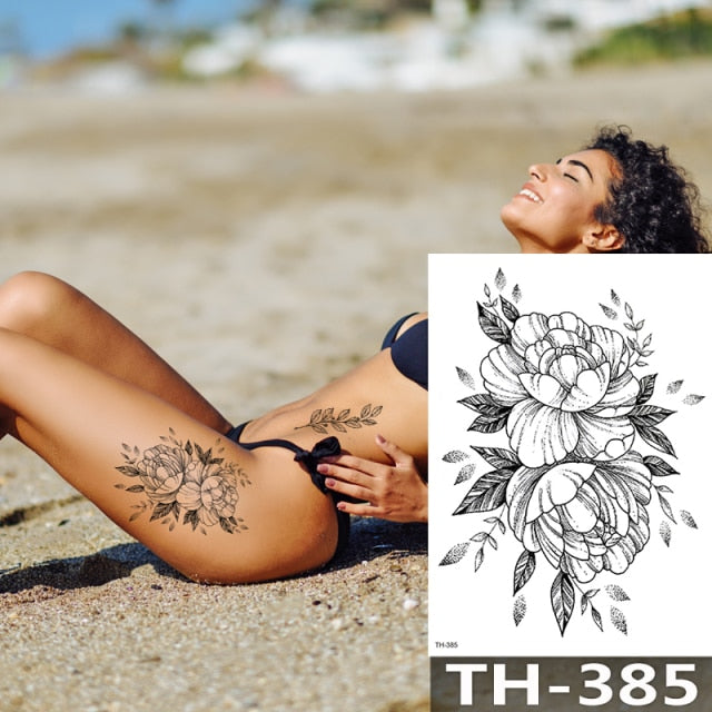 Rose Peony Flower Girls Temporary Tattoos For Women Waterproof Black Tattoo Stickers 3D Blossom Lady Shoulder DIY Tatoos