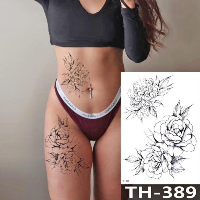 Rose Peony Flower Girls Temporary Tattoos For Women Waterproof Black Tattoo Stickers 3D Blossom Lady Shoulder DIY Tatoos