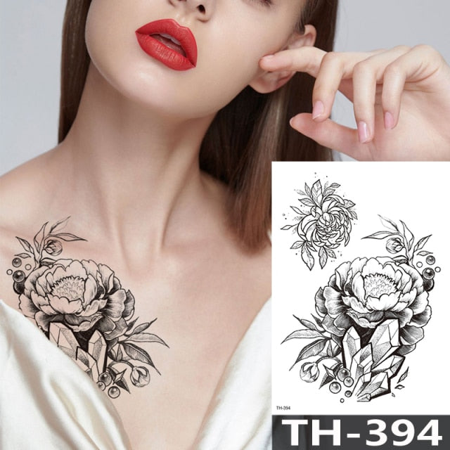 Rose Peony Flower Girls Temporary Tattoos For Women Waterproof Black Tattoo Stickers 3D Blossom Lady Shoulder DIY Tatoos