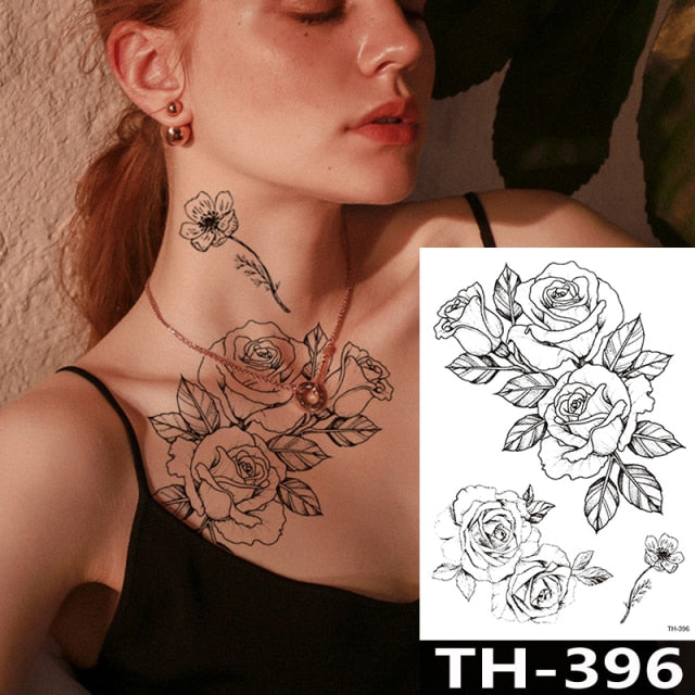 Rose Peony Flower Girls Temporary Tattoos For Women Waterproof Black Tattoo Stickers 3D Blossom Lady Shoulder DIY Tatoos