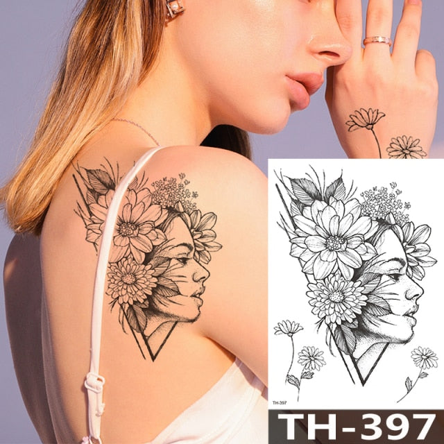 Rose Peony Flower Girls Temporary Tattoos For Women Waterproof Black Tattoo Stickers 3D Blossom Lady Shoulder DIY Tatoos