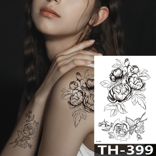 Rose Peony Flower Girls Temporary Tattoos For Women Waterproof Black Tattoo Stickers 3D Blossom Lady Shoulder DIY Tatoos
