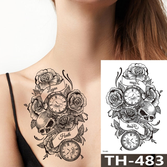 Rose Peony Flower Girls Temporary Tattoos For Women Waterproof Black Tattoo Stickers 3D Blossom Lady Shoulder DIY Tatoos