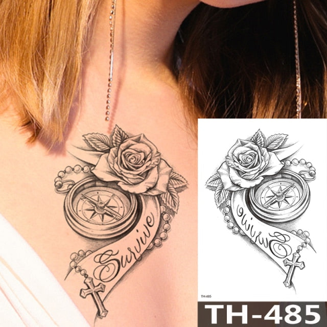 Rose Peony Flower Girls Temporary Tattoos For Women Waterproof Black Tattoo Stickers 3D Blossom Lady Shoulder DIY Tatoos