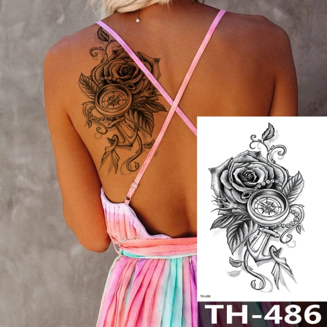 Rose Peony Flower Girls Temporary Tattoos For Women Waterproof Black Tattoo Stickers 3D Blossom Lady Shoulder DIY Tatoos