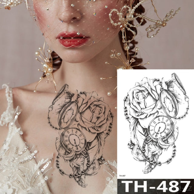 Rose Peony Flower Girls Temporary Tattoos For Women Waterproof Black Tattoo Stickers 3D Blossom Lady Shoulder DIY Tatoos