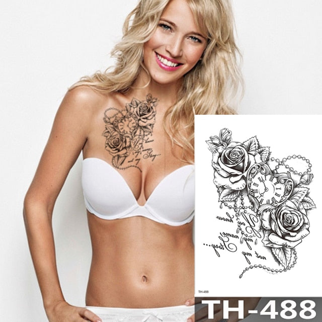 Rose Peony Flower Girls Temporary Tattoos For Women Waterproof Black Tattoo Stickers 3D Blossom Lady Shoulder DIY Tatoos