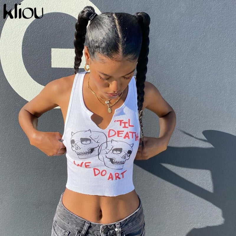 Kliou Aesthetic Graphic Cyber Y2k Streetwear Women Chic Sleeveless Activity Tank Tops 2021 Harajuku Skinny Crop Tops Camisole