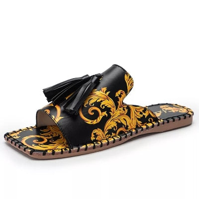 2021 Women's Sandals Fashion Tassels Summer Shoes Brand Beach Slides Retro Print Shoes For Women Flat Slipper Outdoor Sandals