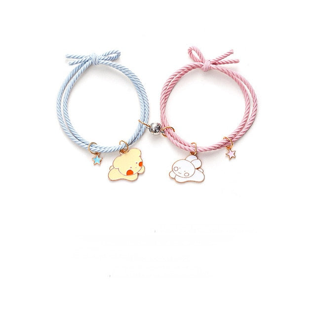 QiLuxy 2pcs\Set Cute Cartoon Couple Bracelet Magnet Ball Hand Men and Women Gift Friendship Charms Elastic Rope Jewelry