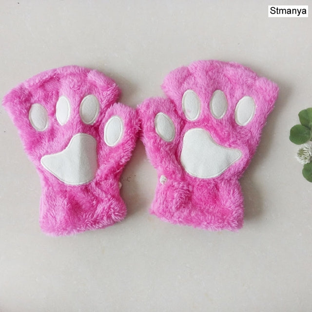 New Women Cute Cat Claw Paw Plush Mittens Warm Soft Plush Short Fingerless Fluffy Bear Cat Gloves Costume Half Finger Party Gift