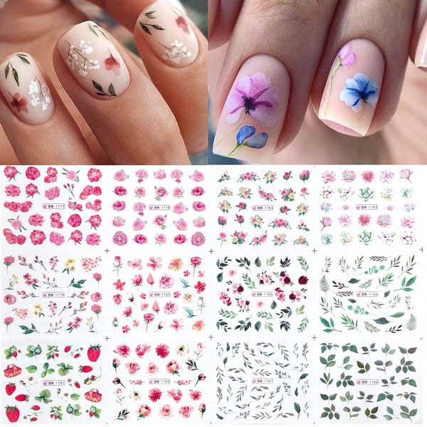 12 Designs summer flower leaf Nail Water Decals Sexy lips finger Sexy girl Transfer Slider Russia Words Manicure Tattoos Set