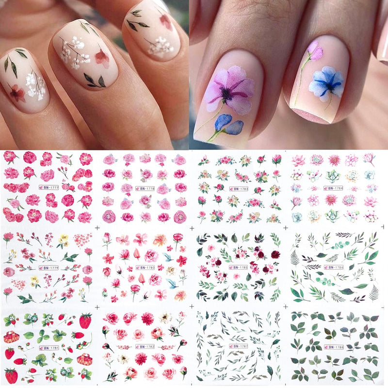 12 Designs summer flower leaf Nail Water Decals Sexy lips finger Sexy girl Transfer Slider Russia Words Manicure Tattoos Set