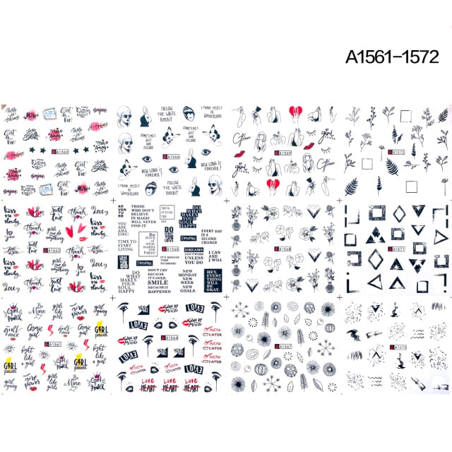 12 Designs summer flower leaf Nail Water Decals Sexy lips finger Sexy girl Transfer Slider Russia Words Manicure Tattoos Set