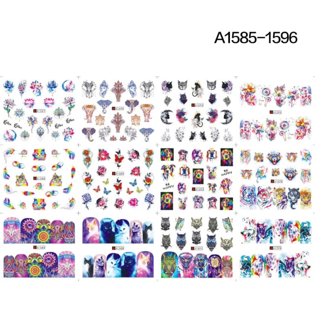 12 Designs summer flower leaf Nail Water Decals Sexy lips finger Sexy girl Transfer Slider Russia Words Manicure Tattoos Set