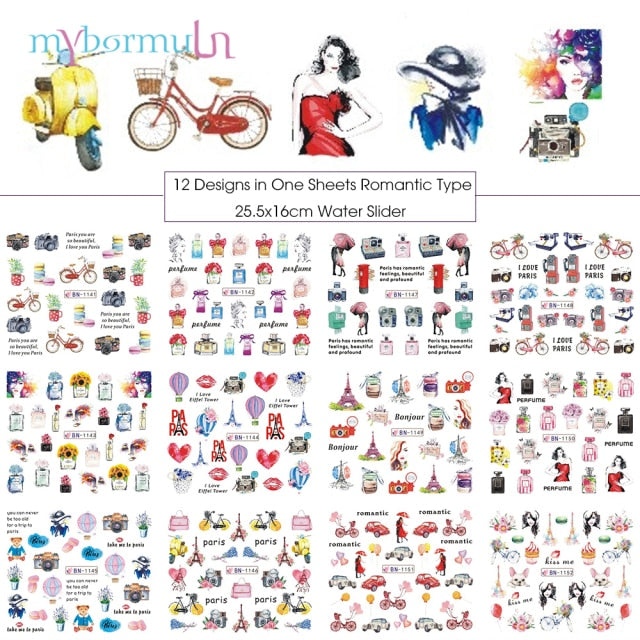 12 Designs summer flower leaf Nail Water Decals Sexy lips finger Sexy girl Transfer Slider Russia Words Manicure Tattoos Set