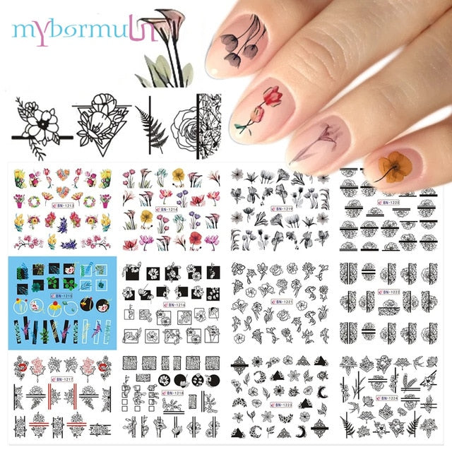 12 Designs summer flower leaf Nail Water Decals Sexy lips finger Sexy girl Transfer Slider Russia Words Manicure Tattoos Set