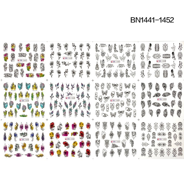 12 Designs summer flower leaf Nail Water Decals Sexy lips finger Sexy girl Transfer Slider Russia Words Manicure Tattoos Set