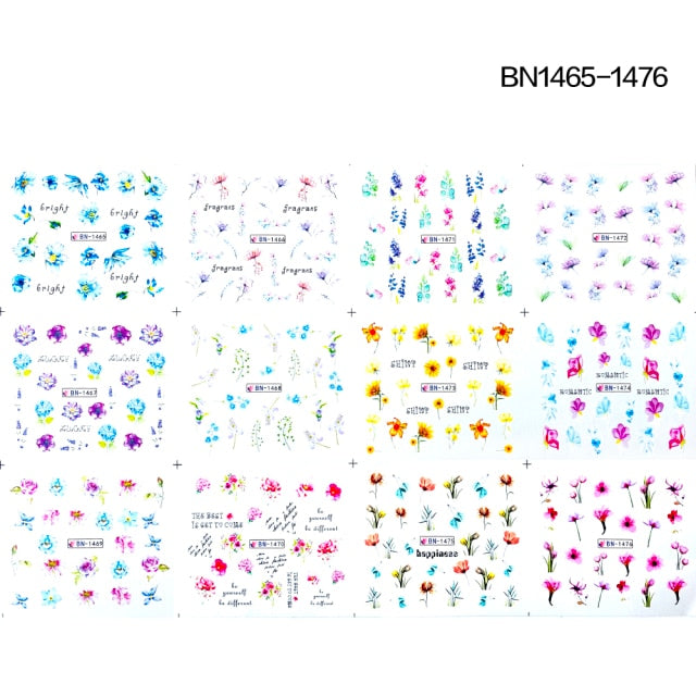 12 Designs summer flower leaf Nail Water Decals Sexy lips finger Sexy girl Transfer Slider Russia Words Manicure Tattoos Set