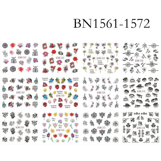 12 Designs summer flower leaf Nail Water Decals Sexy lips finger Sexy girl Transfer Slider Russia Words Manicure Tattoos Set