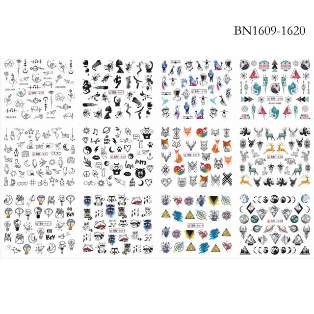 12 Designs summer flower leaf Nail Water Decals Sexy lips finger Sexy girl Transfer Slider Russia Words Manicure Tattoos Set