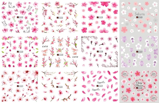 12 Designs summer flower leaf Nail Water Decals Sexy lips finger Sexy girl Transfer Slider Russia Words Manicure Tattoos Set
