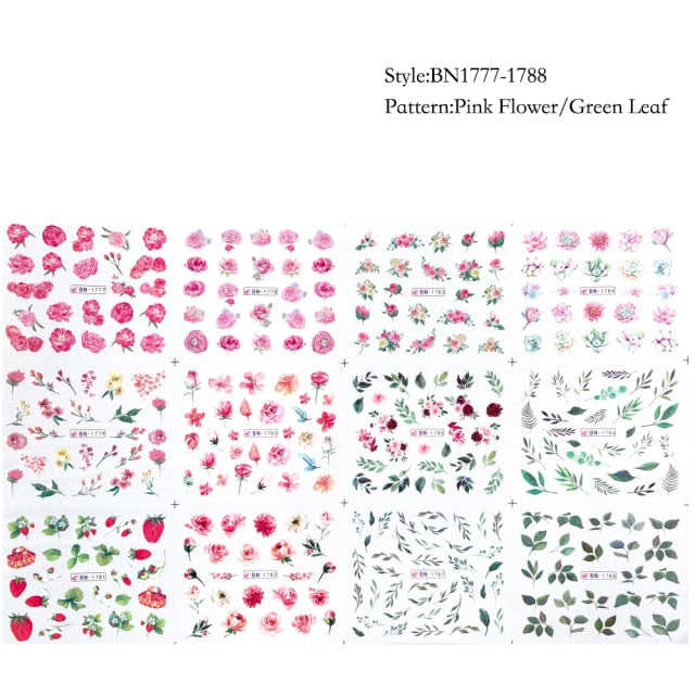 12 Designs summer flower leaf Nail Water Decals Sexy lips finger Sexy girl Transfer Slider Russia Words Manicure Tattoos Set