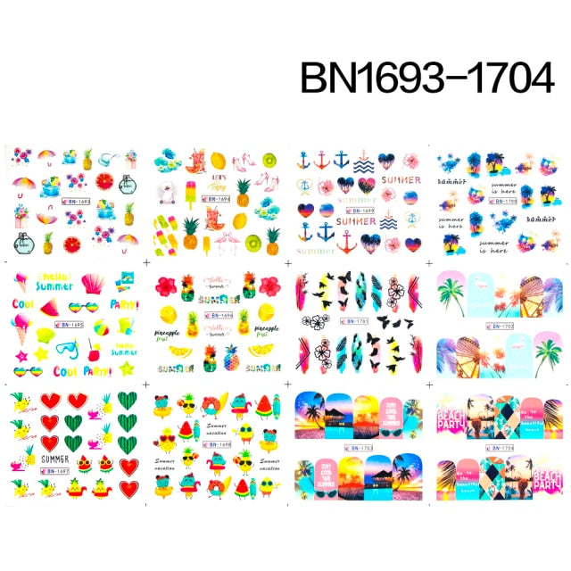 12 Designs summer flower leaf Nail Water Decals Sexy lips finger Sexy girl Transfer Slider Russia Words Manicure Tattoos Set