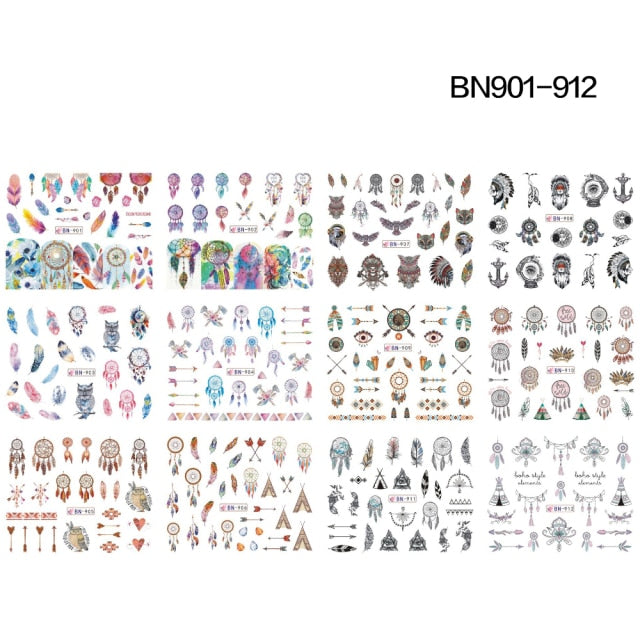 12 Designs summer flower leaf Nail Water Decals Sexy lips finger Sexy girl Transfer Slider Russia Words Manicure Tattoos Set