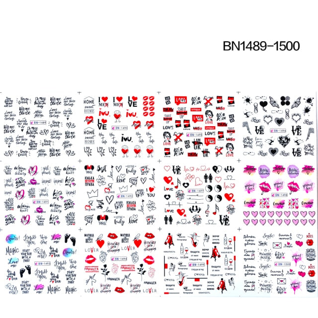 12 Designs summer flower leaf Nail Water Decals Sexy lips finger Sexy girl Transfer Slider Russia Words Manicure Tattoos Set