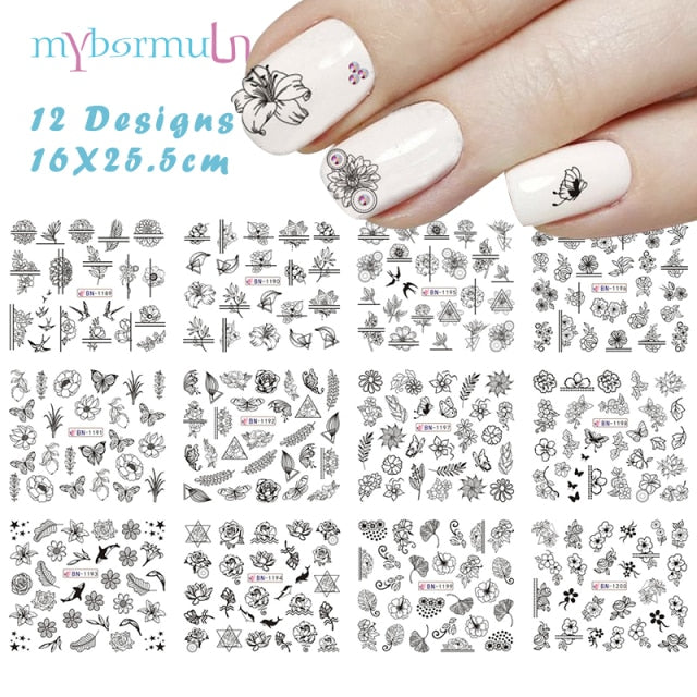 12 Designs summer flower leaf Nail Water Decals Sexy lips finger Sexy girl Transfer Slider Russia Words Manicure Tattoos Set