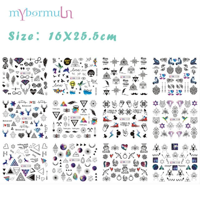 12 Designs summer flower leaf Nail Water Decals Sexy lips finger Sexy girl Transfer Slider Russia Words Manicure Tattoos Set