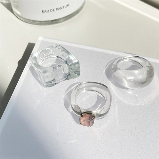 17KM 3pcs Korean Geometric Transparent Resin Acrylic Rings Set For Women Fashion Crystal Rings 2021 Trend Jewelry Gifts