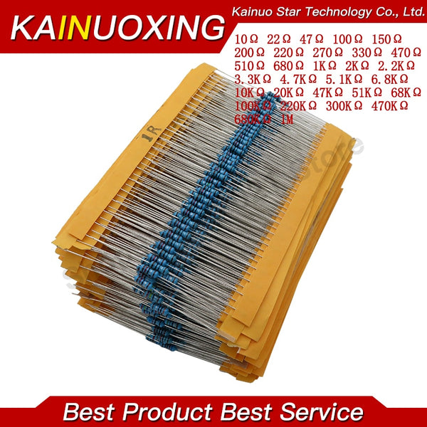 600pcs/set 30 Kinds 1/4W Resistance 1% Metal Film Resistor Pack Assorted Kit 1K 10K 100K 220ohm 1M Resistors 300pcs/set