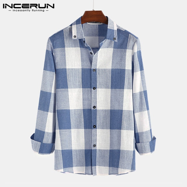 INCERUN Fashion Plaid Men Shirt Casual Long Sleeve Lapel Blouse Fitness Chic Brand Streetwear Shirts Men Camisa Masculina S-5XL