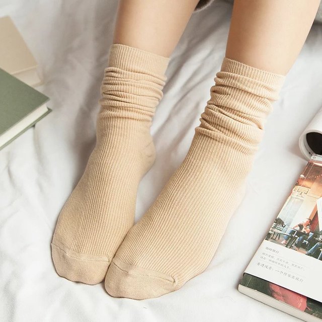 CHAOZHU  Japanese Korea High School Girls High Socks Loose Solid Colors Double Needles Knitting Cotton Long Socks Women