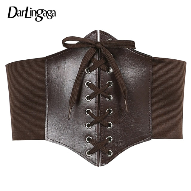 Darlingaga Gothic Dark Lace Up Crop Top Women Corset Belt Slim Cummerbunds PU Leather Top Harness Bustier Tops To Wear Out 2021