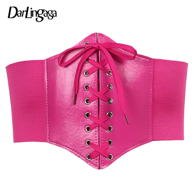 Darlingaga Gothic Dark Lace Up Crop Top Women Corset Belt Slim Cummerbunds PU Leather Top Harness Bustier Tops To Wear Out 2021
