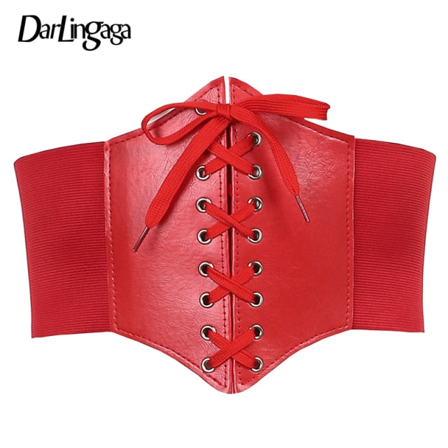 Darlingaga Gothic Dark Lace Up Crop Top Women Corset Belt Slim Cummerbunds PU Leather Top Harness Bustier Tops To Wear Out 2021